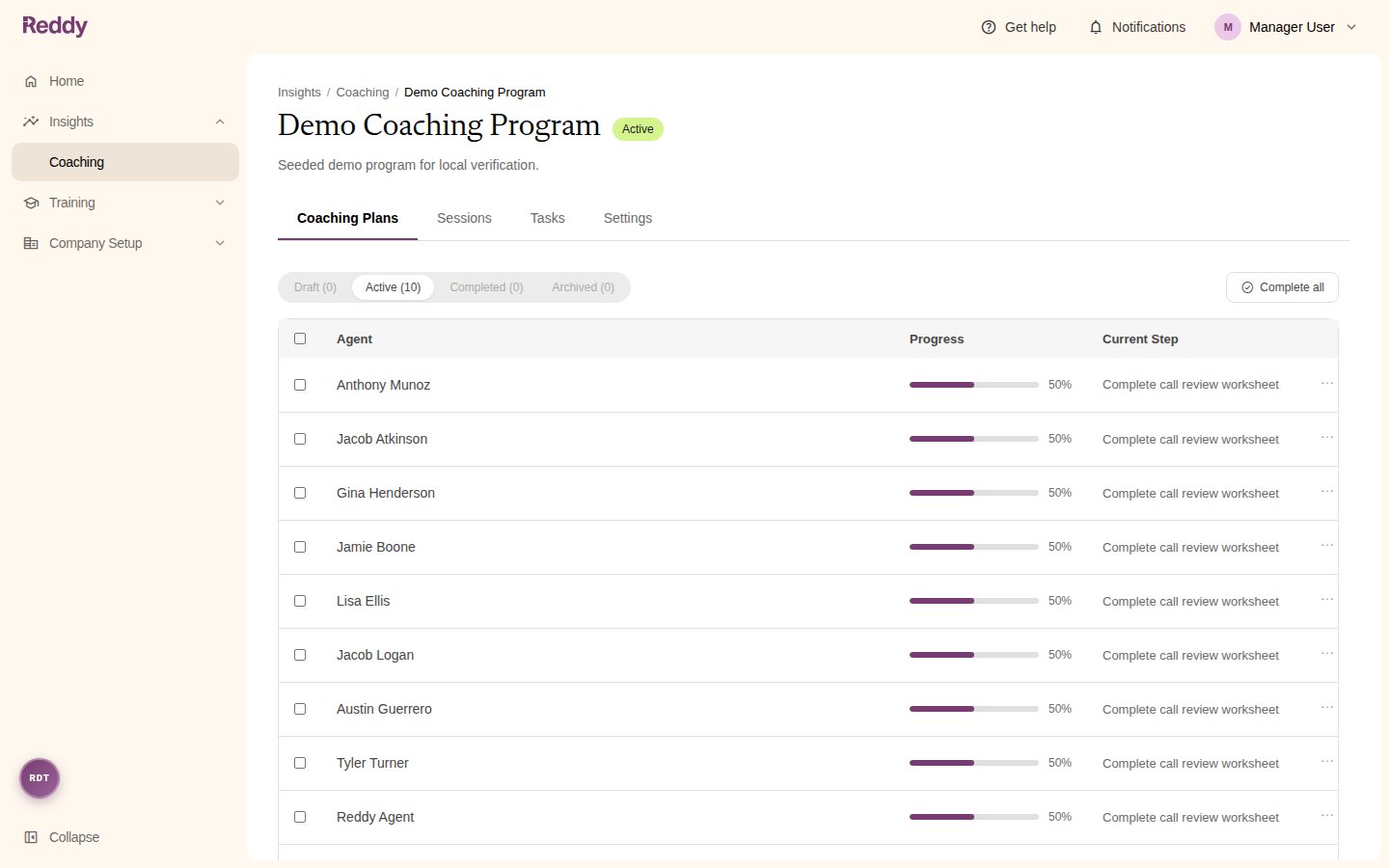A program's Coaching Plans tab listing agents with a progress bar and their current step