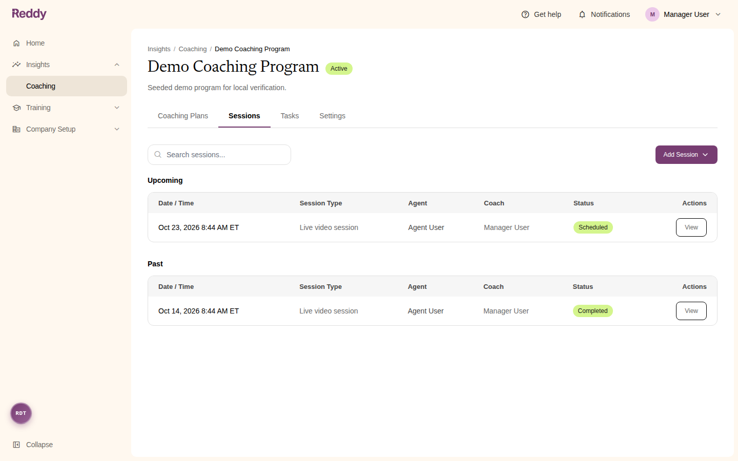 A program's Sessions tab with Upcoming and Past sessions and the Add Session button