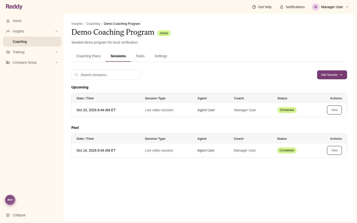 A program's Sessions tab with Upcoming and Past sessions and the Add Session button