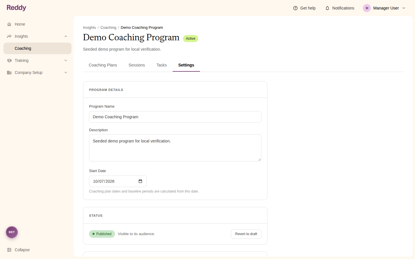 The Settings tab with Program Details and the Status card showing Published with a Revert to draft button