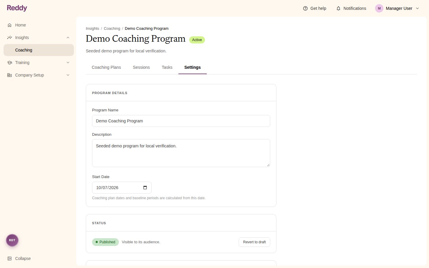 The Settings tab with Program Details and the Status card showing Published with a Revert to draft button