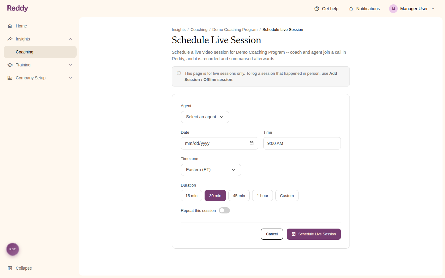 The Schedule Live Session form with Agent, Date, Time, Timezone, Duration, and Repeat this session