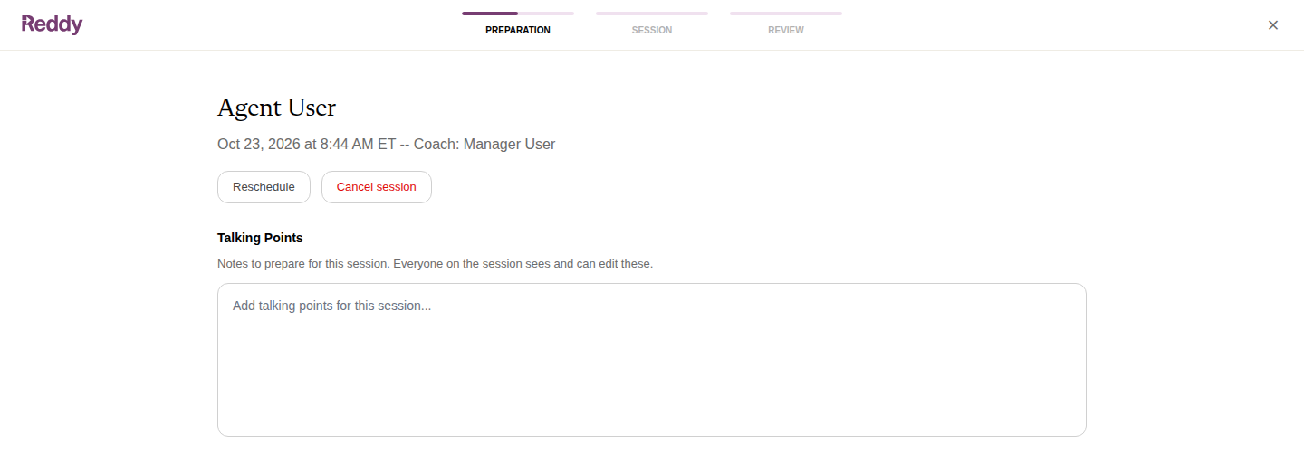 The Preparation stage of a scheduled session with Reschedule, Cancel session, and the Talking Points box
