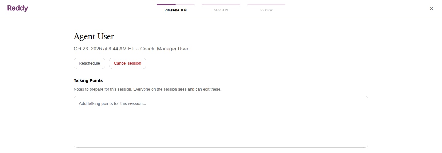 The Preparation stage of a scheduled session with Reschedule, Cancel session, and the Talking Points box