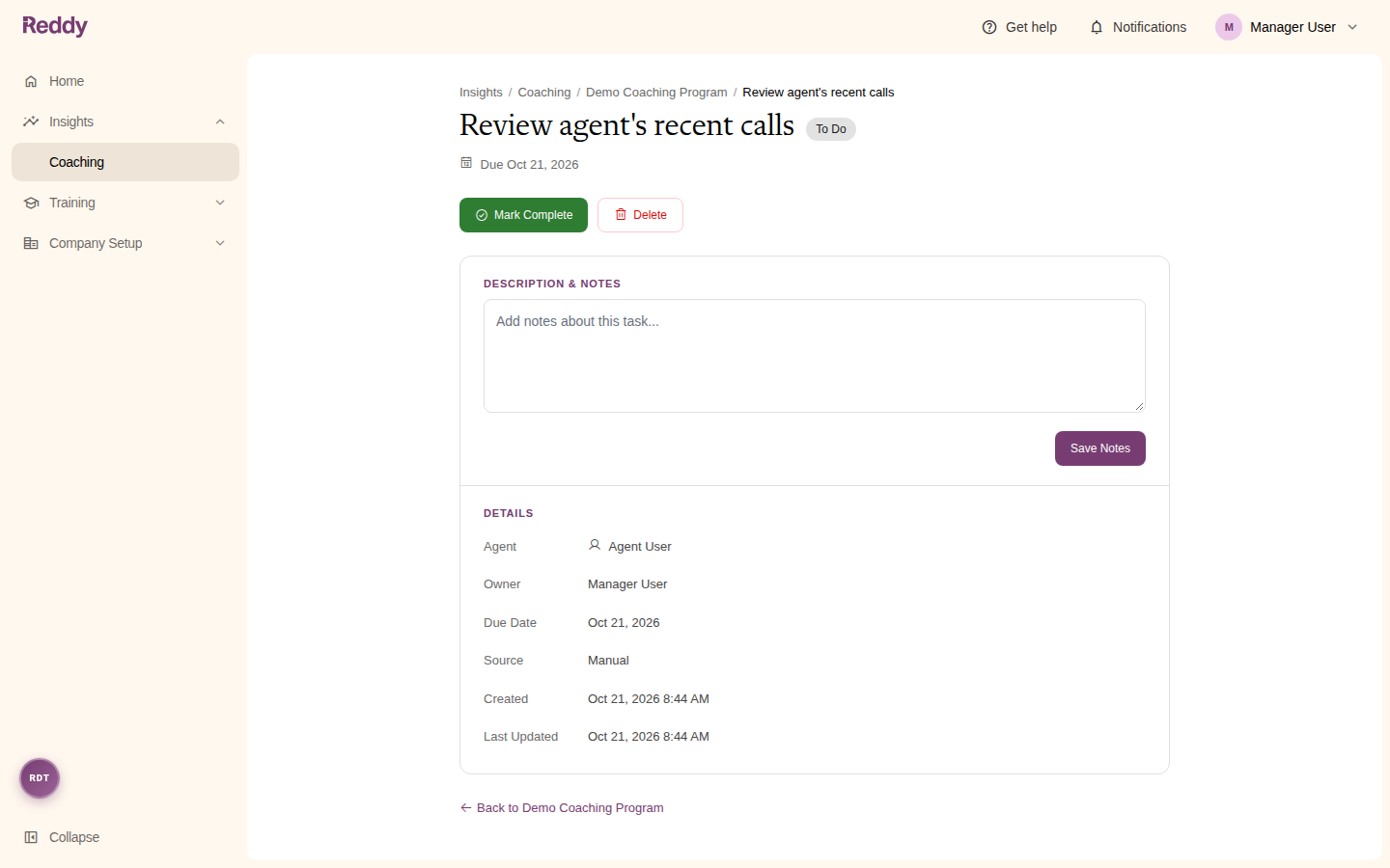 A coaching task page with Mark Complete and Delete buttons, a notes box, and task details