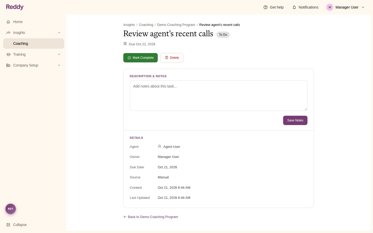 A coaching task page with Mark Complete and Delete buttons, a notes box, and task details