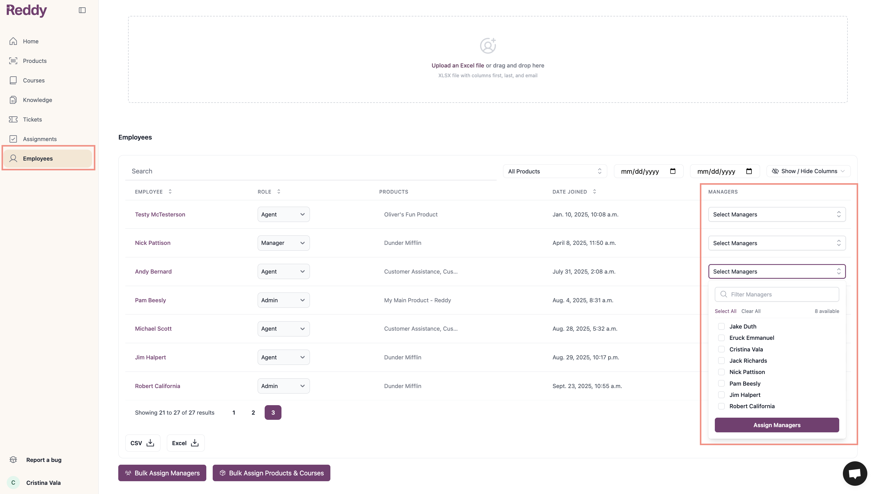 Select Managers dropdown in the employees table for one-off manager assignments