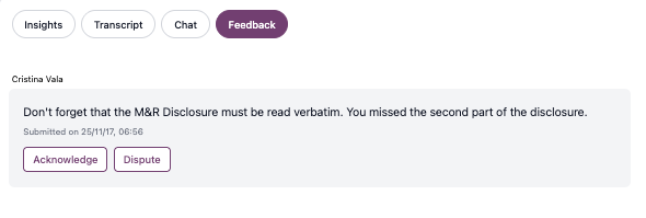 Agent acknowledging or disputing manager feedback with optional comment