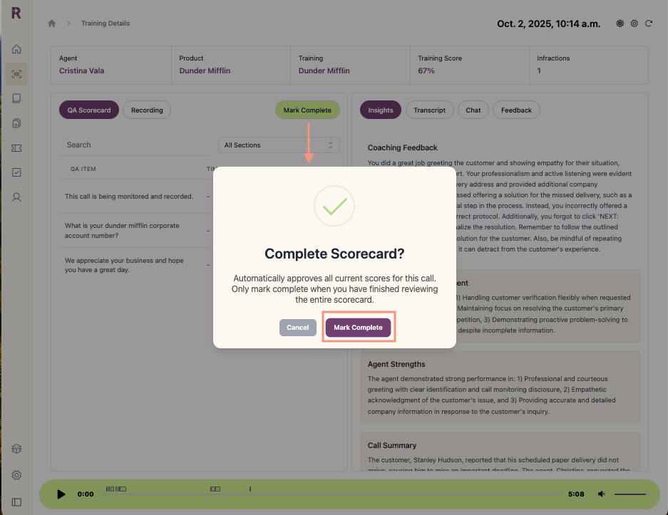 Mark Complete button on QA scorecard to confirm review is finished