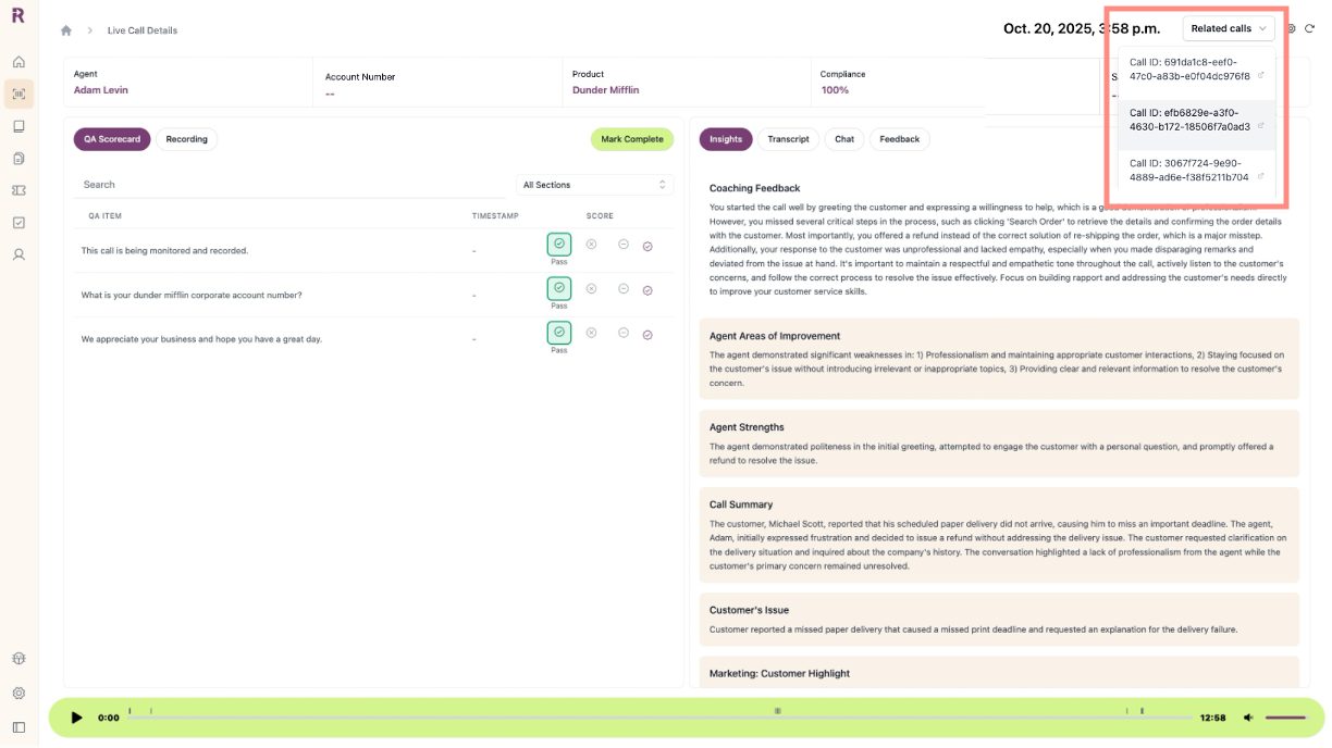 Related Calls button in call details page showing linked customer interactions