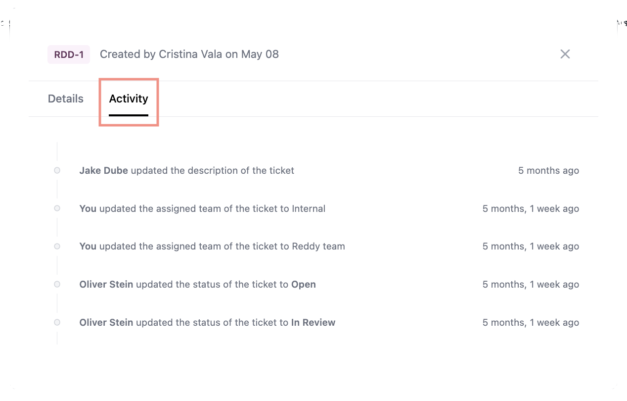 Ticket activity tab showing history of status changes and assignments