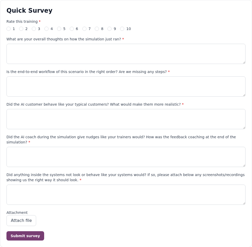 Quick Survey card on the coaching screen with a rating row, free-text questions, an Attach file button, and a Submit survey button