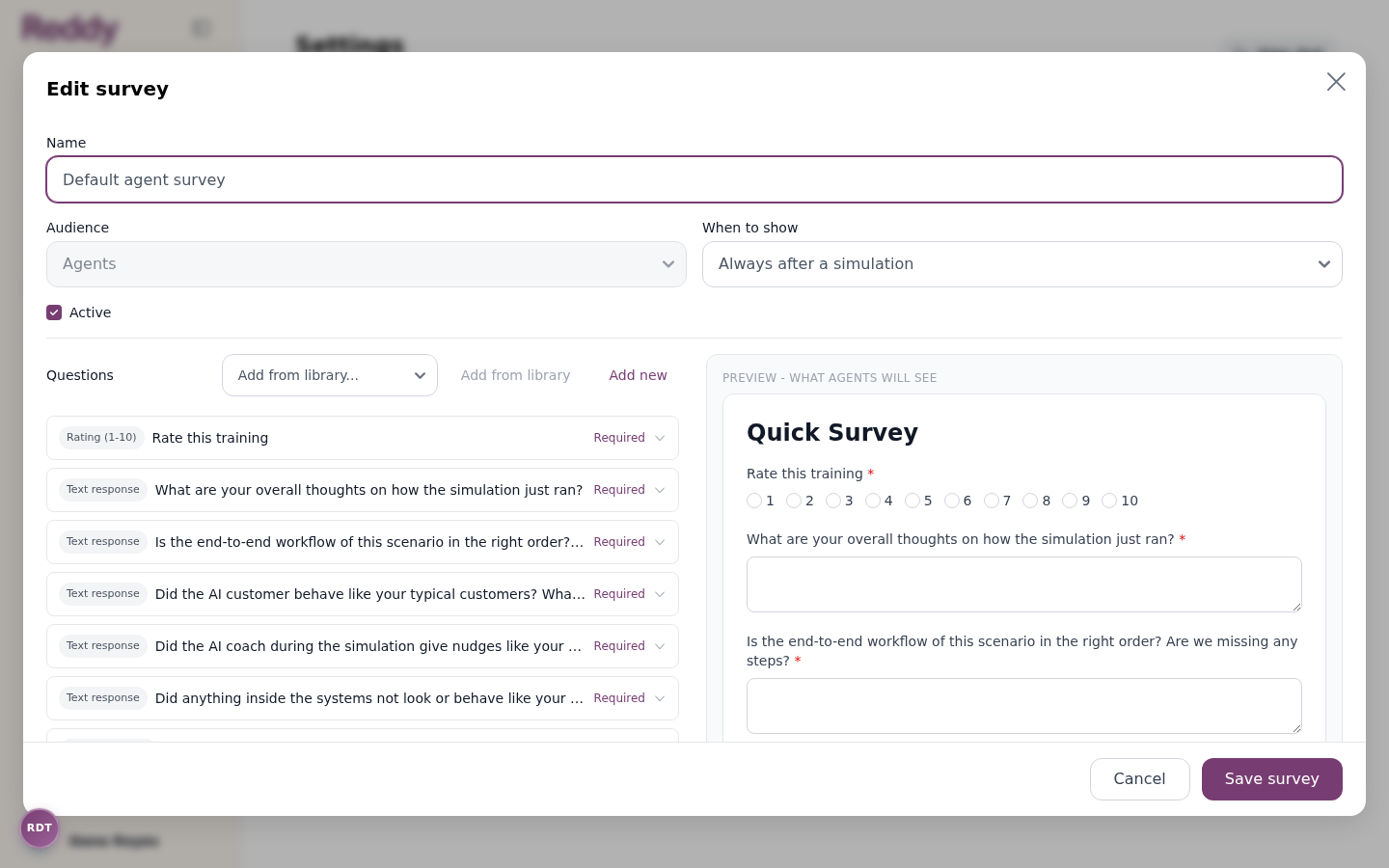 Survey editor showing name, audience, when to show, and the question list beside a live preview of the Quick Survey trainees see