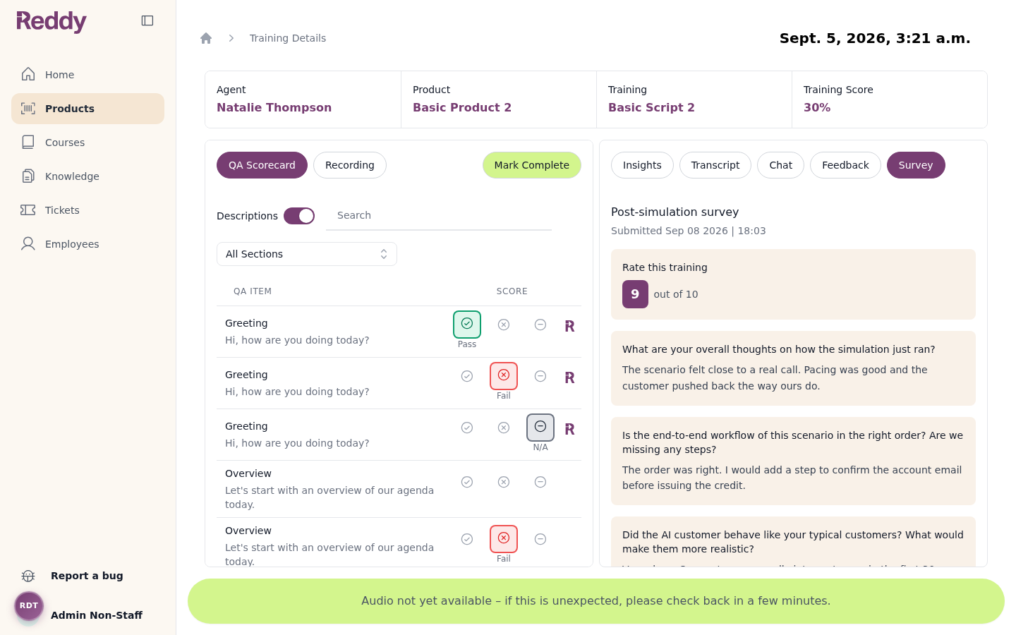 Manager training detail page with the Survey tab selected, showing the submitted rating and written answers next to the QA scorecard