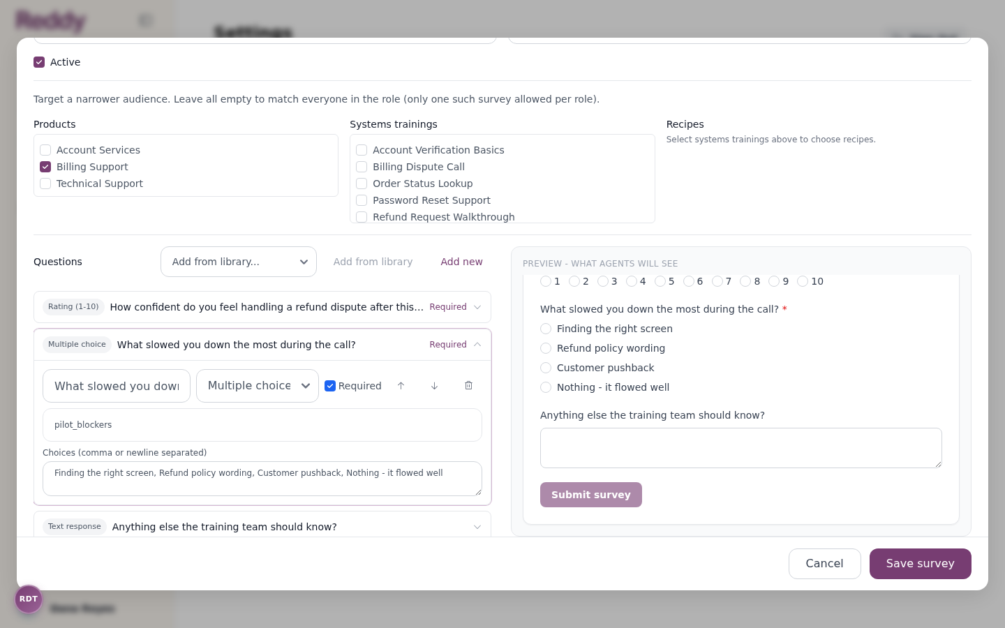 Expanded question in the editor showing label, question type, Required tickbox, field name, and comma-separated choices, with the preview updating alongside