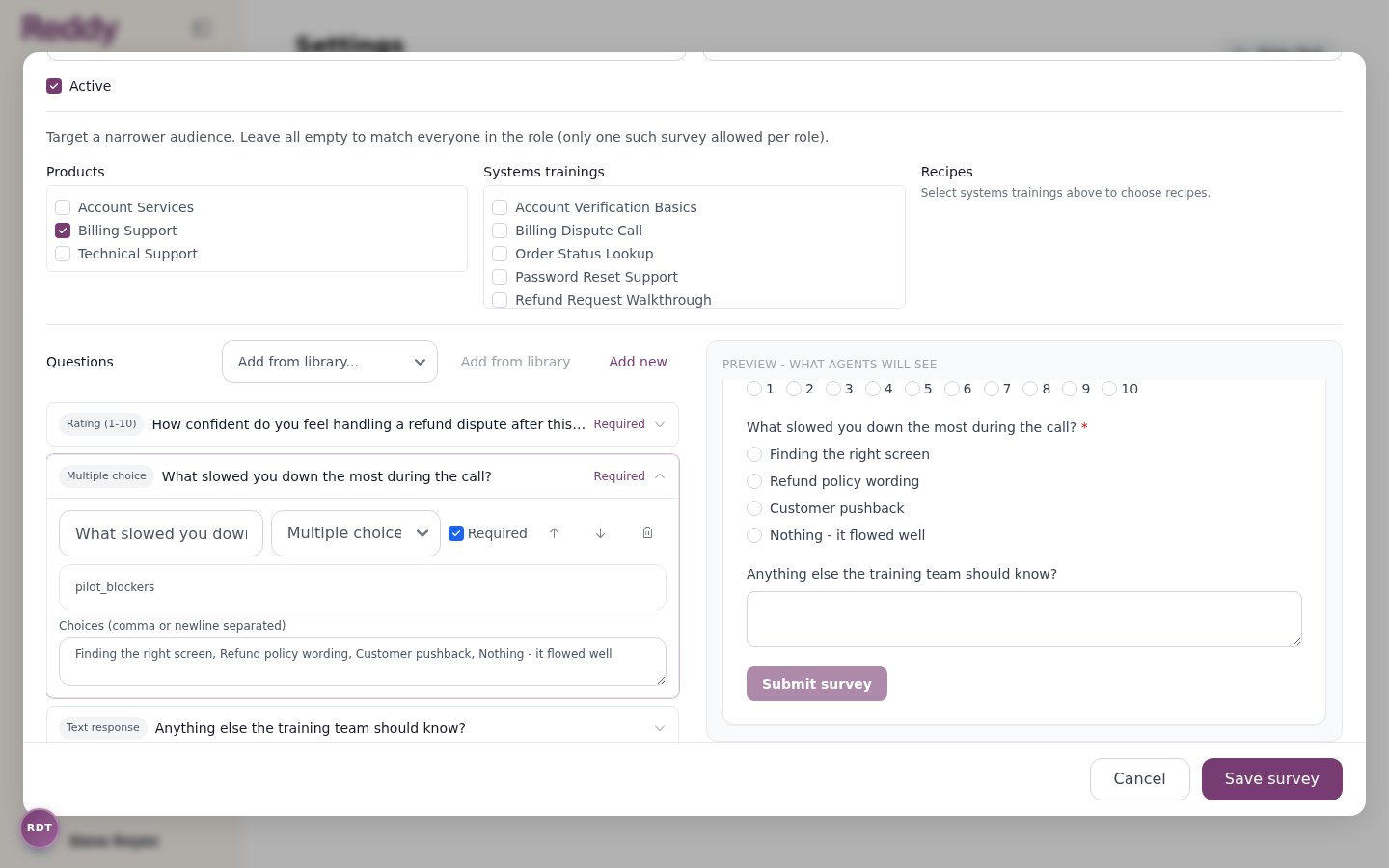 Expanded question in the editor showing label, question type, Required tickbox, field name, and comma-separated choices, with the preview updating alongside