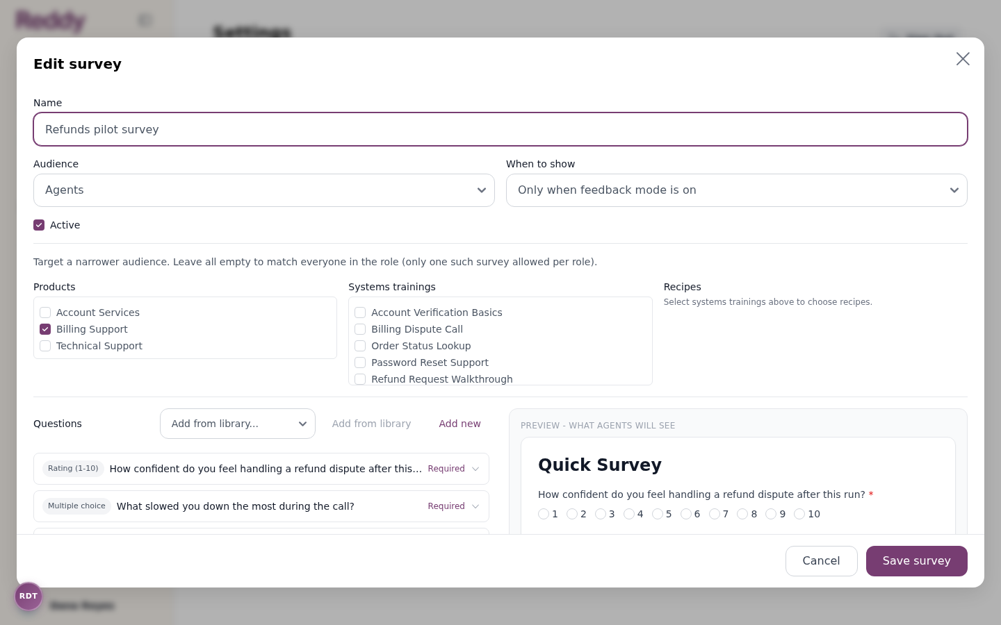 Survey editor targeting section with Products, Systems trainings, and Recipes filters, one product selected