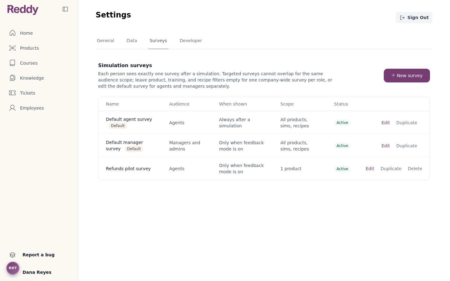 Settings Surveys tab listing the default agent survey, default manager survey, and a targeted survey with audience, visibility, scope, and status columns