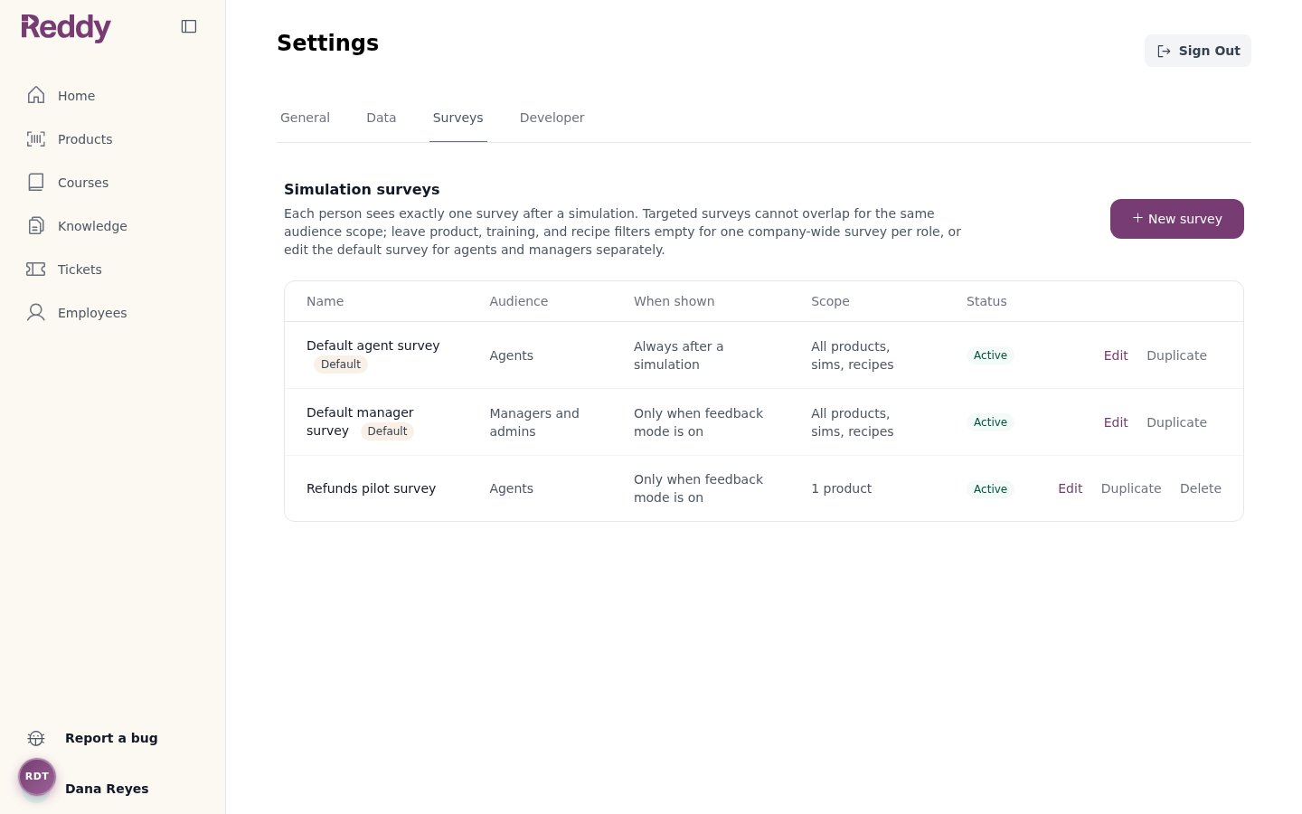 Settings Surveys tab listing the default agent survey, default manager survey, and a targeted survey with audience, visibility, scope, and status columns
