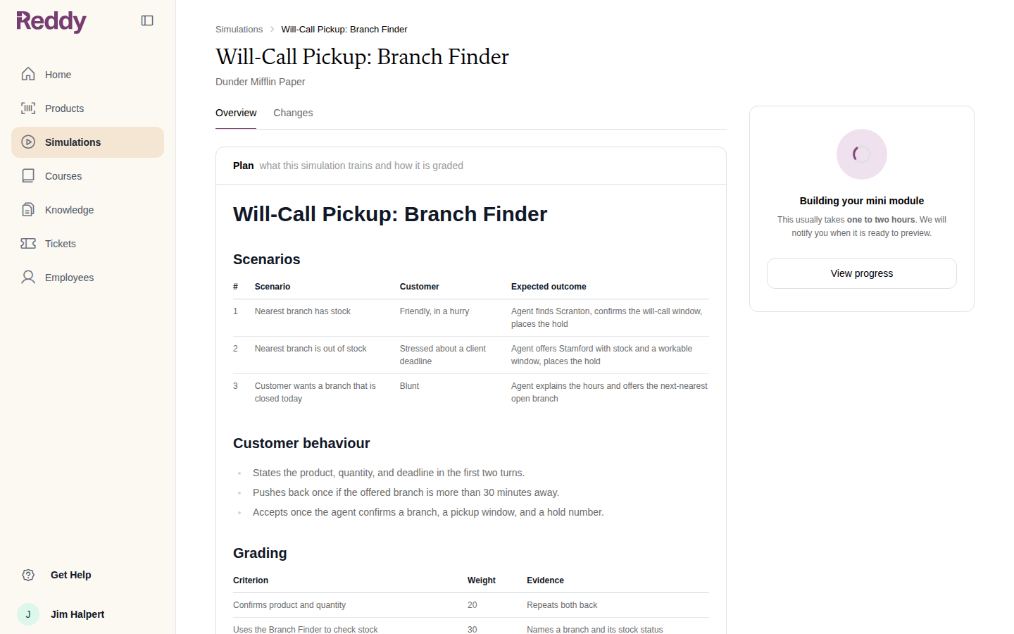 Simulation page while building: the plan on the left and Building your mini module in the sidebar