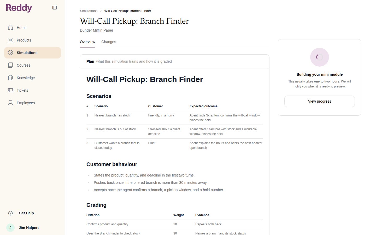 Simulation page while building: the plan on the left and Building your mini module in the sidebar