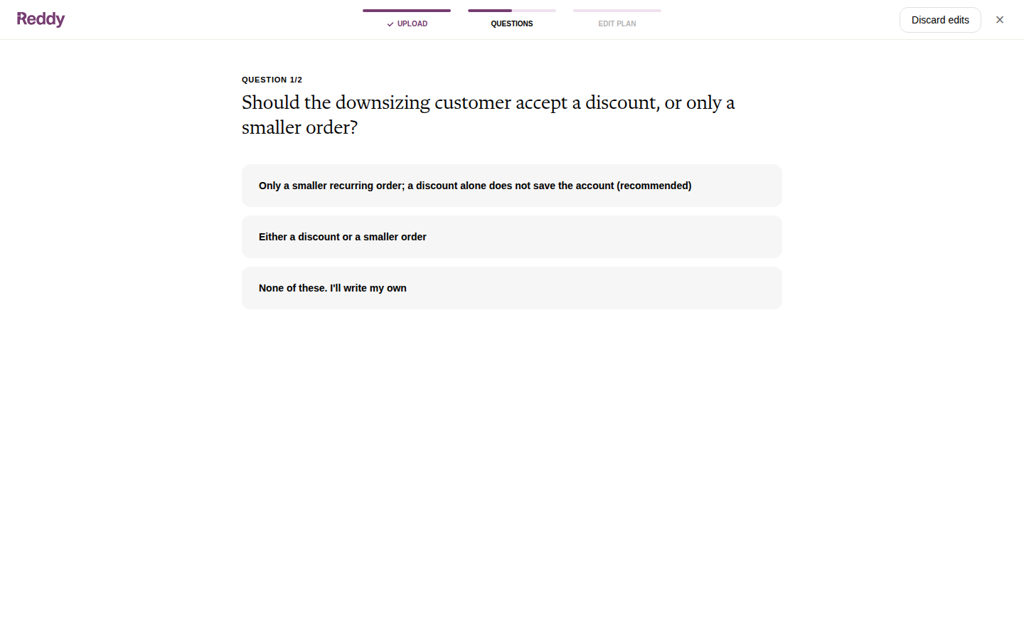 Edit questions step showing a single question with suggested answers