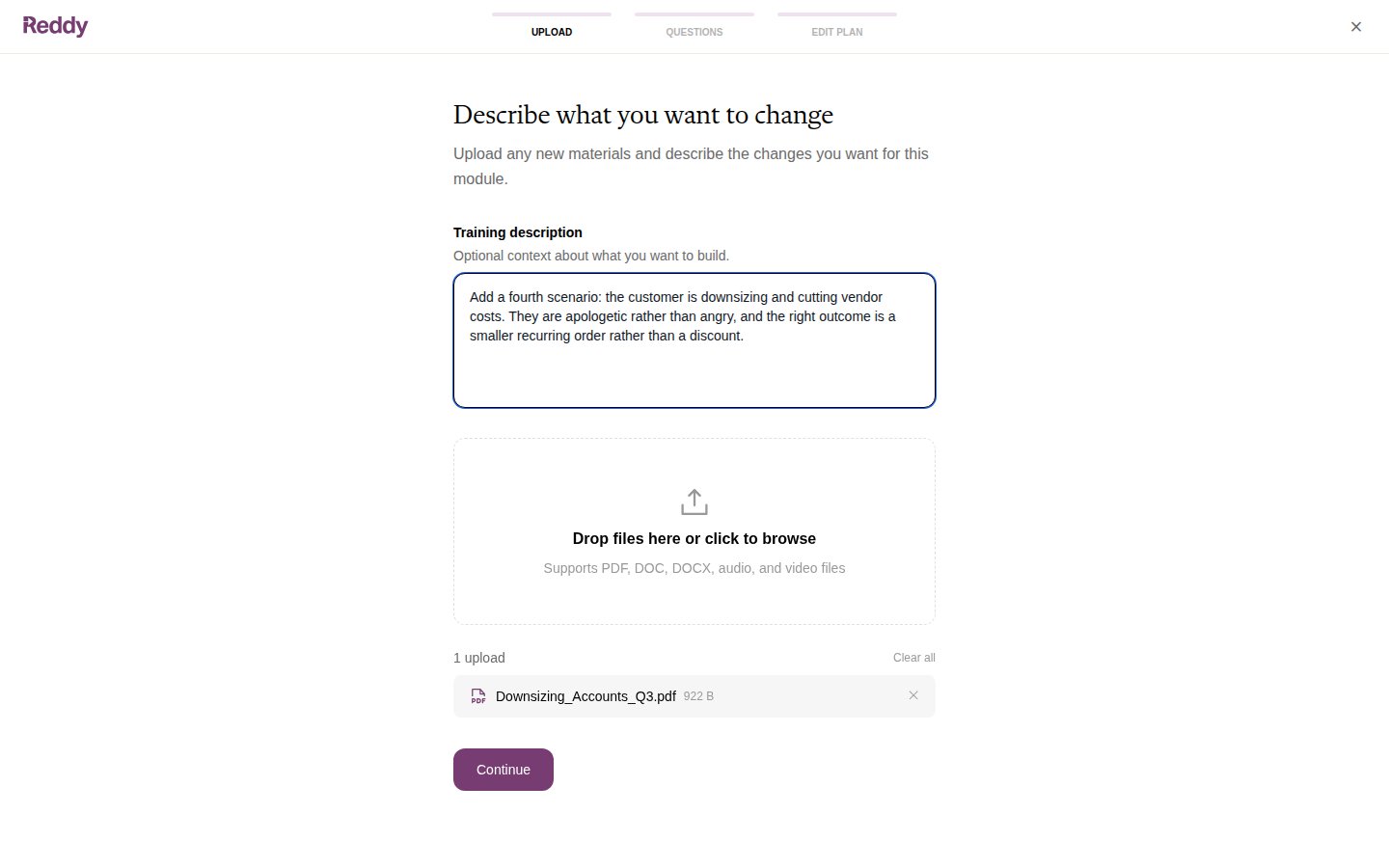 Edit upload step: Describe what you want to change, with a description and one PDF attached