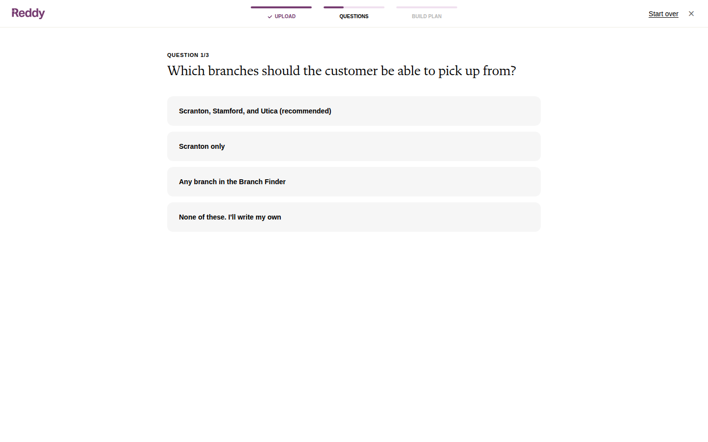 Question 1 of 3 with three suggested answers, one marked recommended, and a write-your-own option