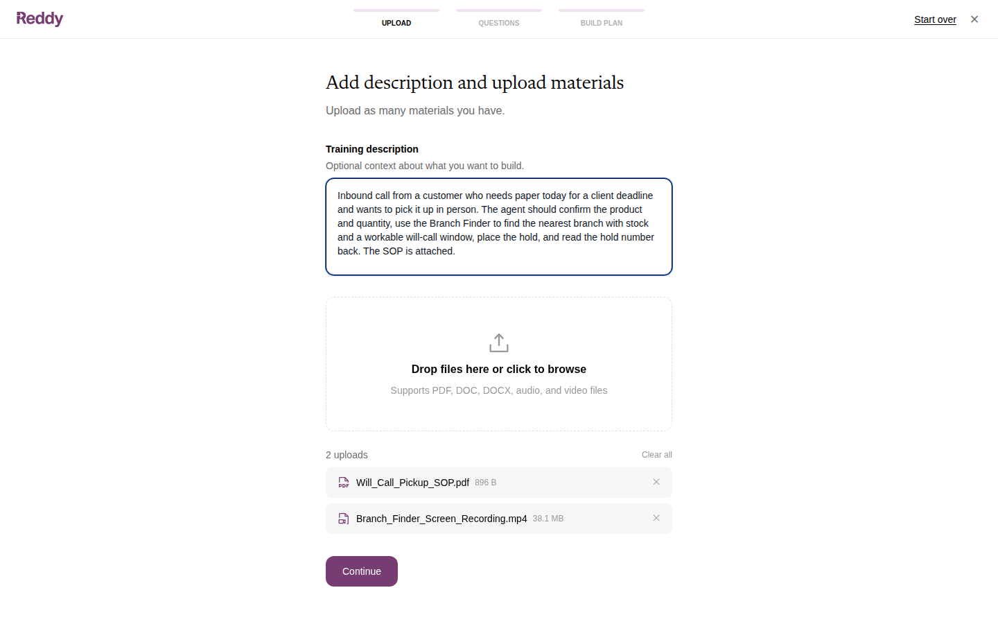 Upload step with a training description and two files attached: an SOP and a screen recording