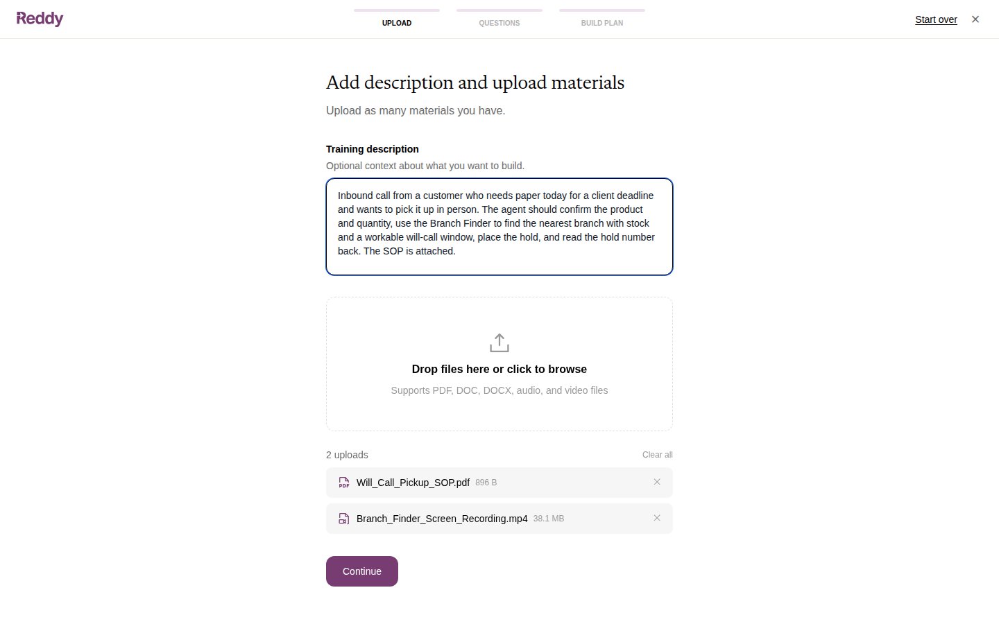 Upload step with a training description and two files attached: an SOP and a screen recording