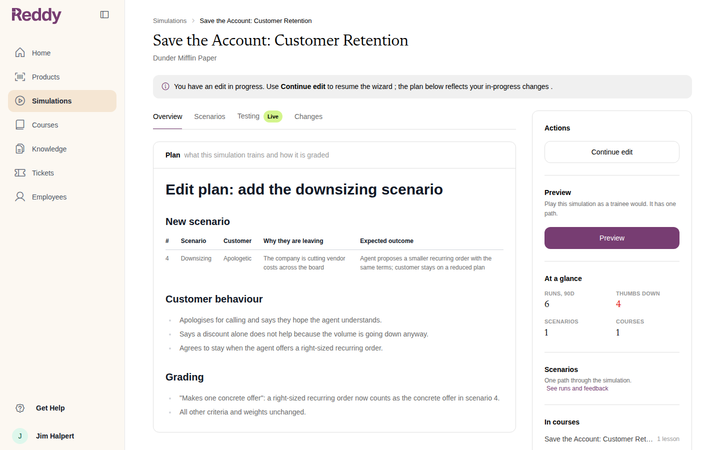 Module page with an edit-in-progress banner and Continue edit in the sidebar