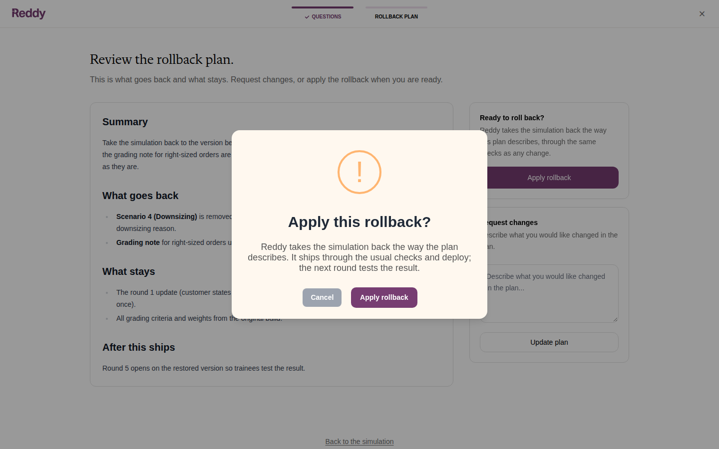 Apply this rollback? confirmation dialog