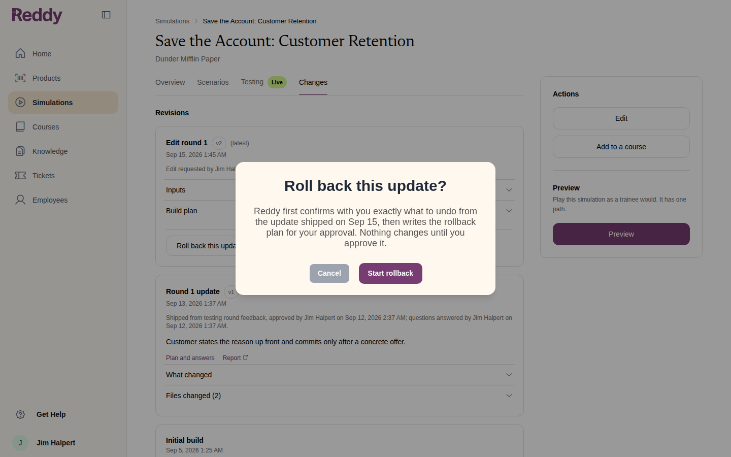 Roll back this update? dialog explaining that Reddy first confirms what to undo and writes a plan for approval