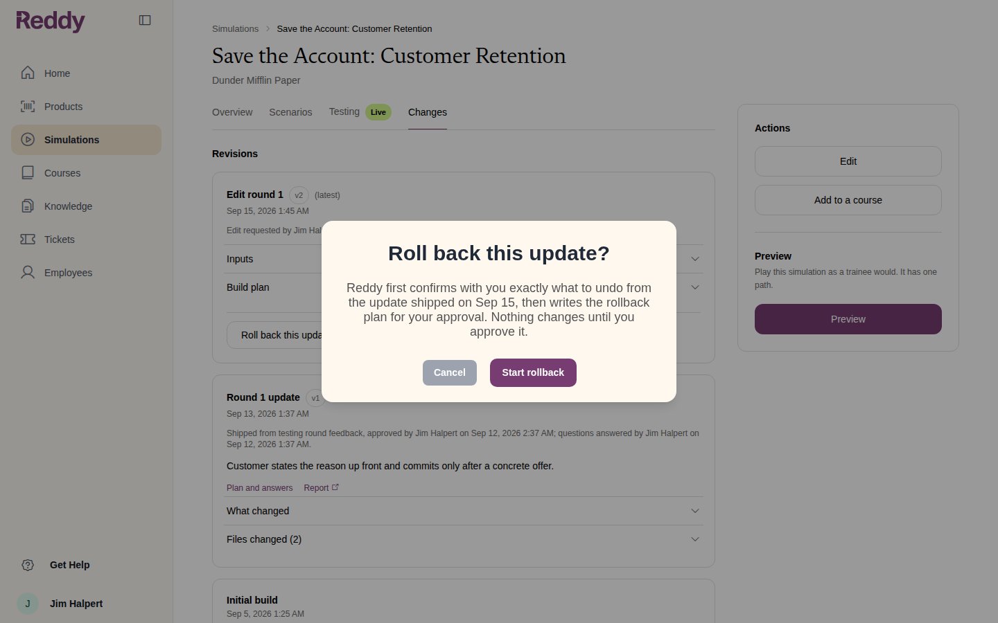 Roll back this update? dialog explaining that Reddy first confirms what to undo and writes a plan for approval