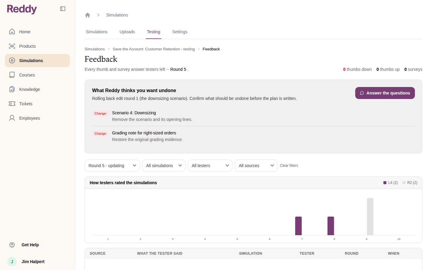 Feedback page: What Reddy thinks you want undone, listing scenario 4 and a grading note, with an Answer the questions button