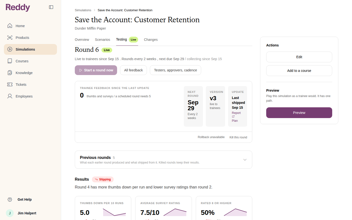 Testing tab after the rollback: version v3 live to trainees, last shipped today, rollback unavailable