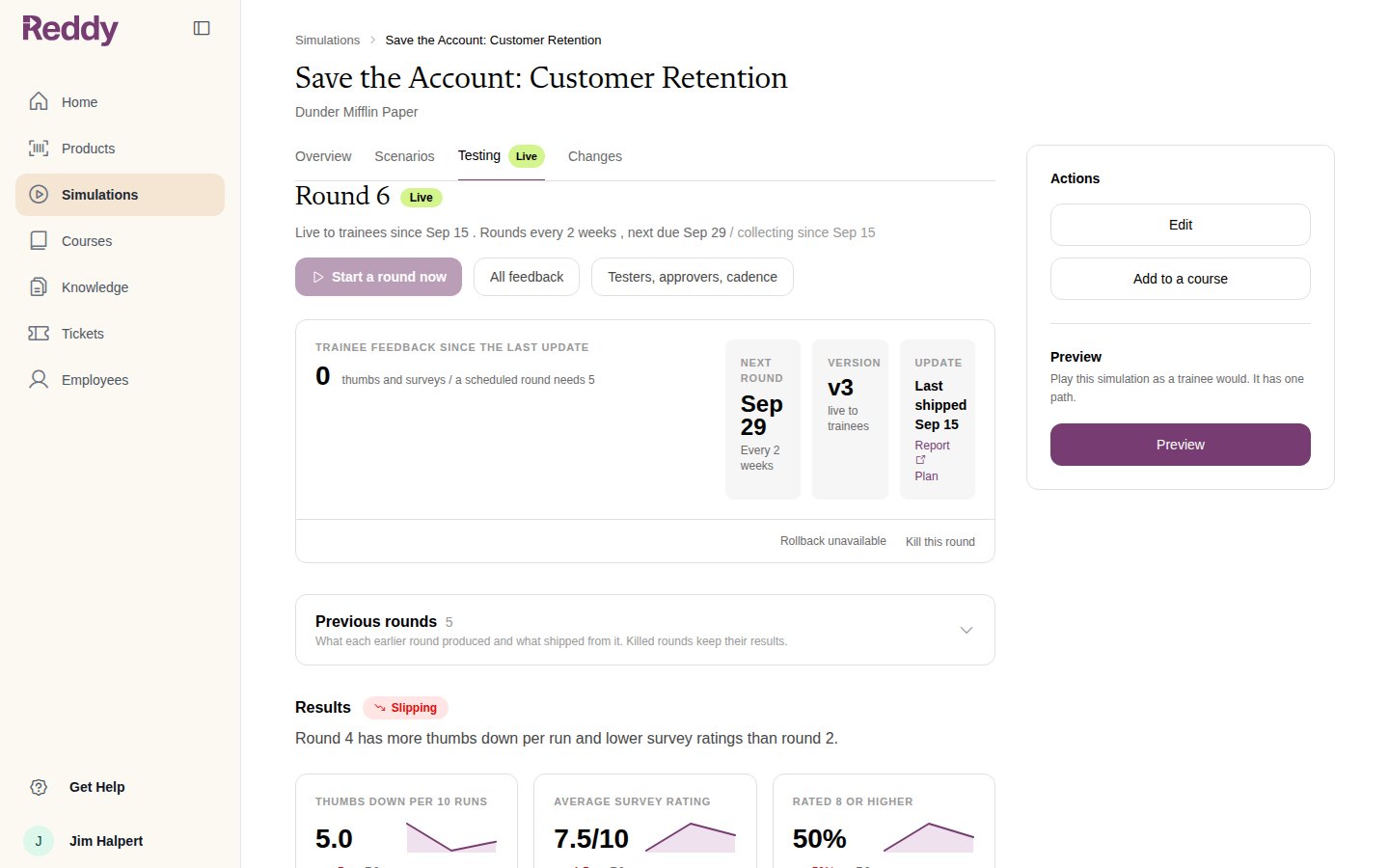 Testing tab after the rollback: version v3 live to trainees, last shipped today, rollback unavailable