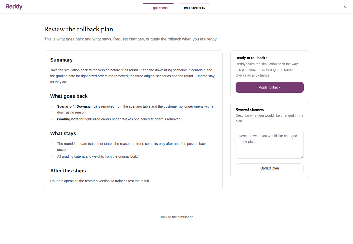 Review the rollback plan: summary, what goes back, what stays, after this ships, with Apply rollback and Request changes