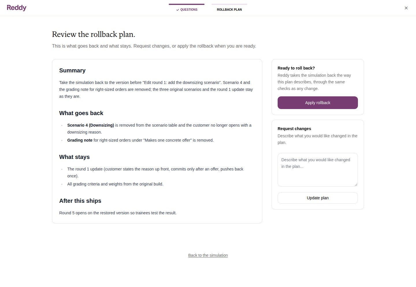 Review the rollback plan: summary, what goes back, what stays, after this ships, with Apply rollback and Request changes