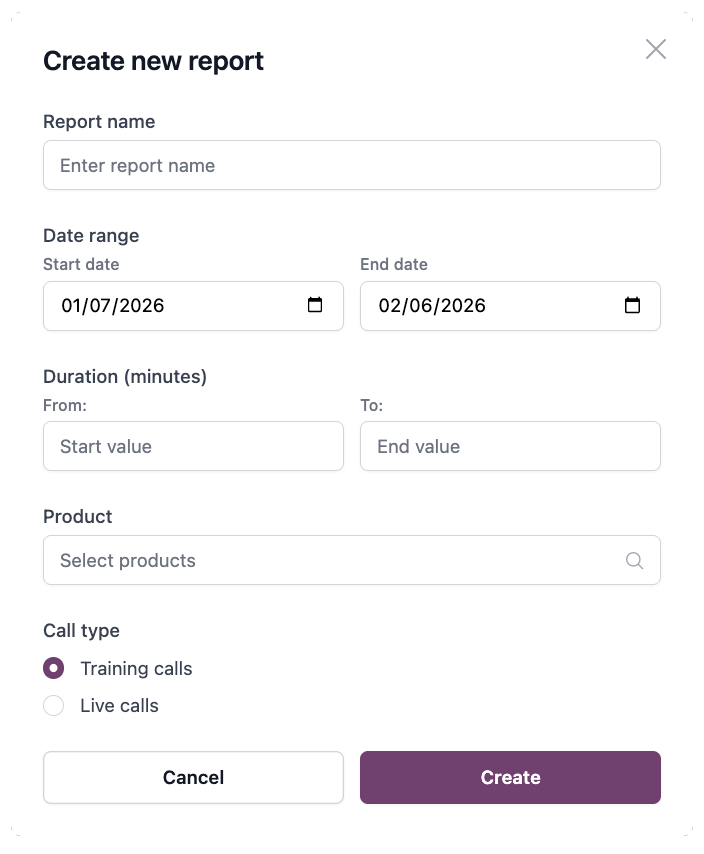 Create new report modal showing report name, date range, duration, product, and call type options