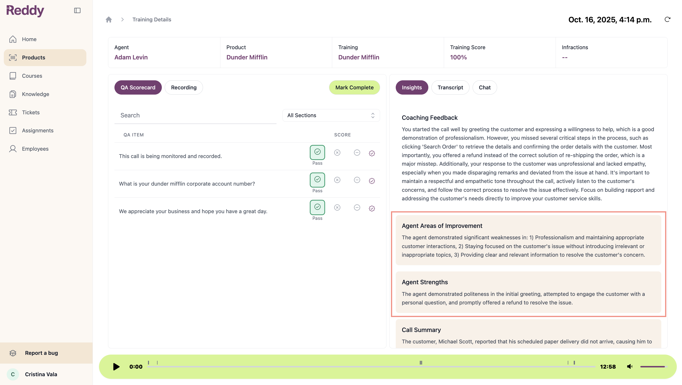 Custom call summaries showing coaching feedback, areas of improvement, strengths, and call summary sections