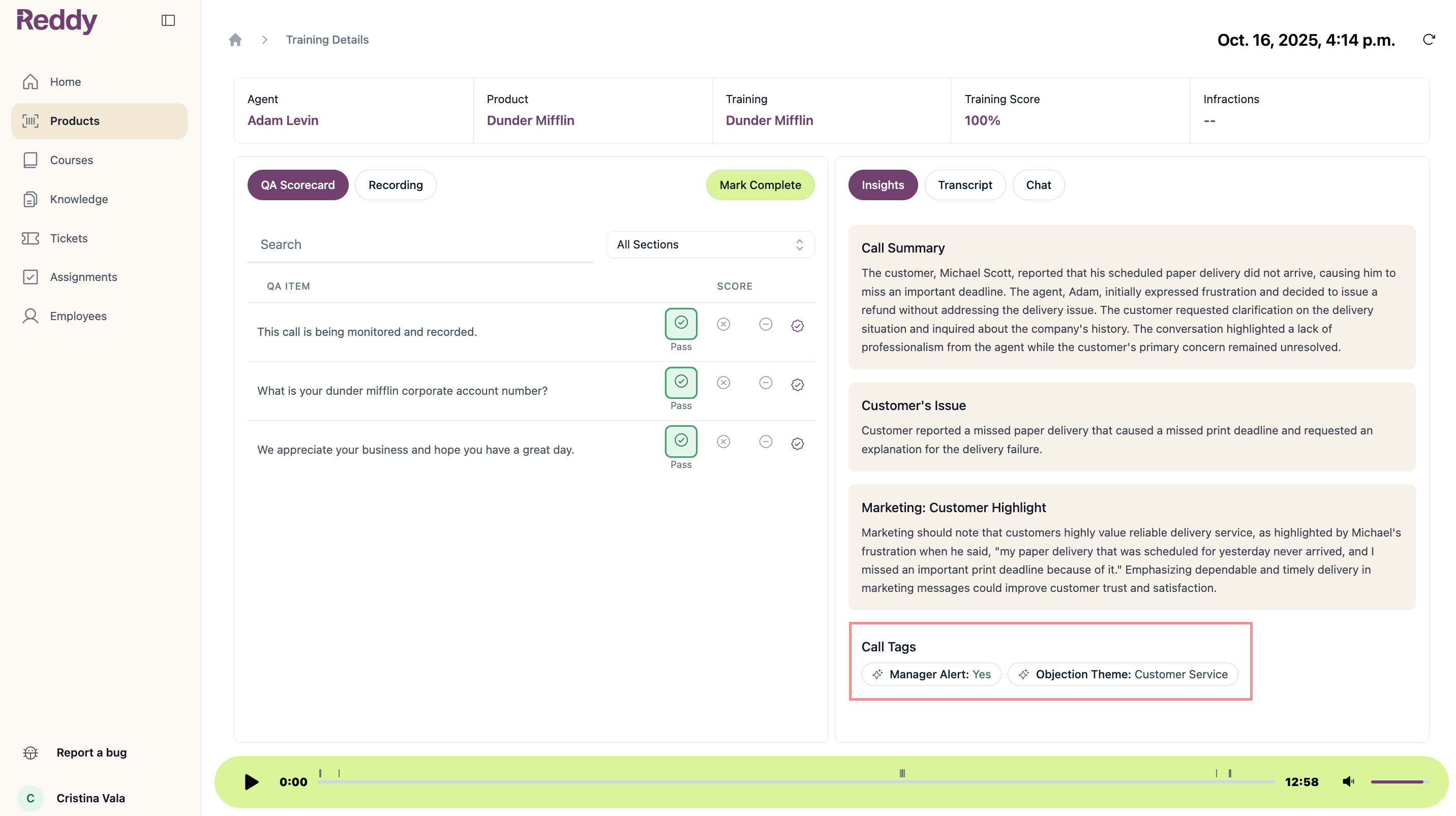 Call tags section showing Manager Alert and Objection Theme tags on call details page