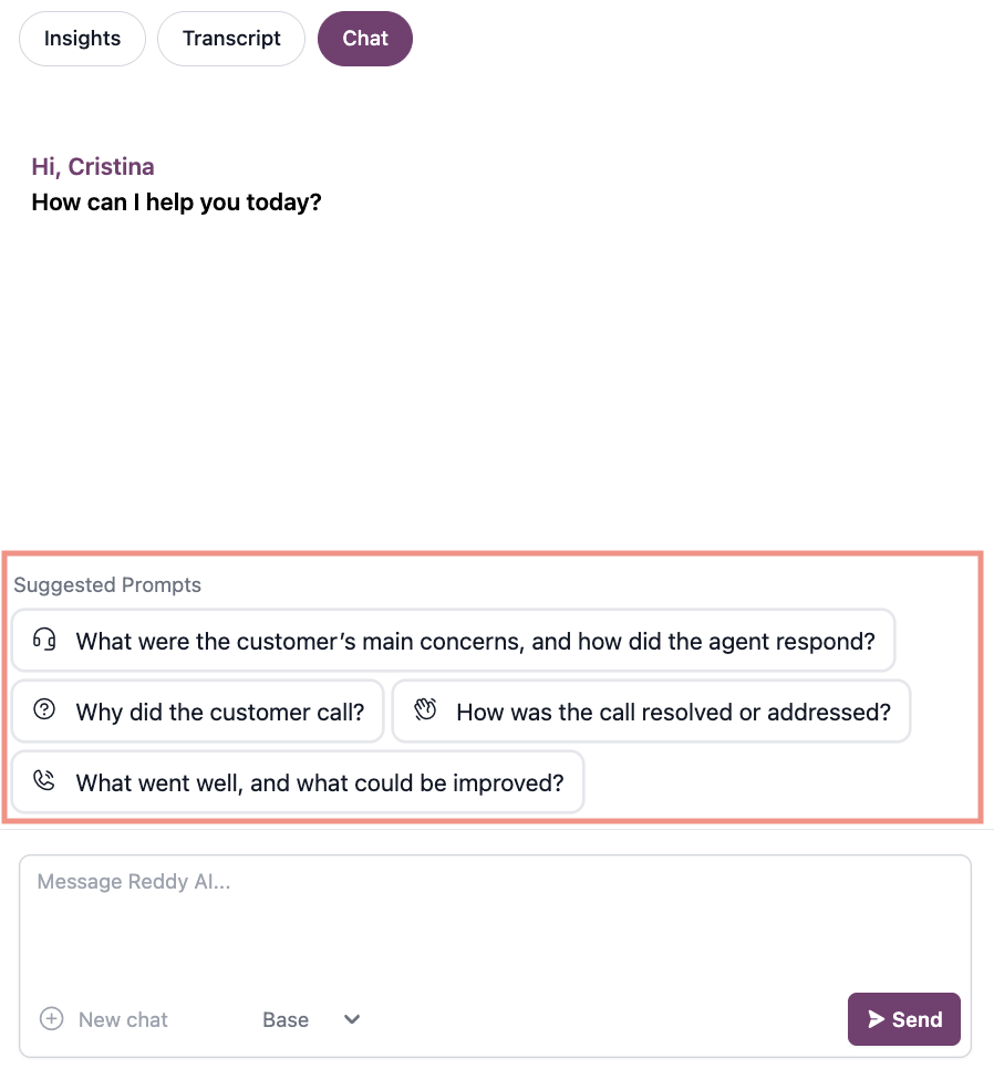 Chat interface showing suggested prompts for analyzing call transcripts