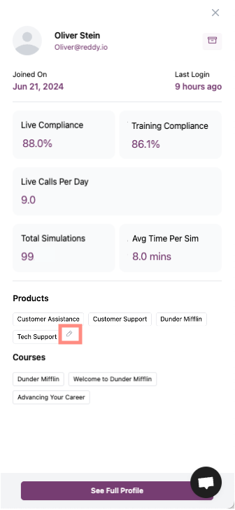 Agent profile panel showing pencil icon to edit product and course assignments