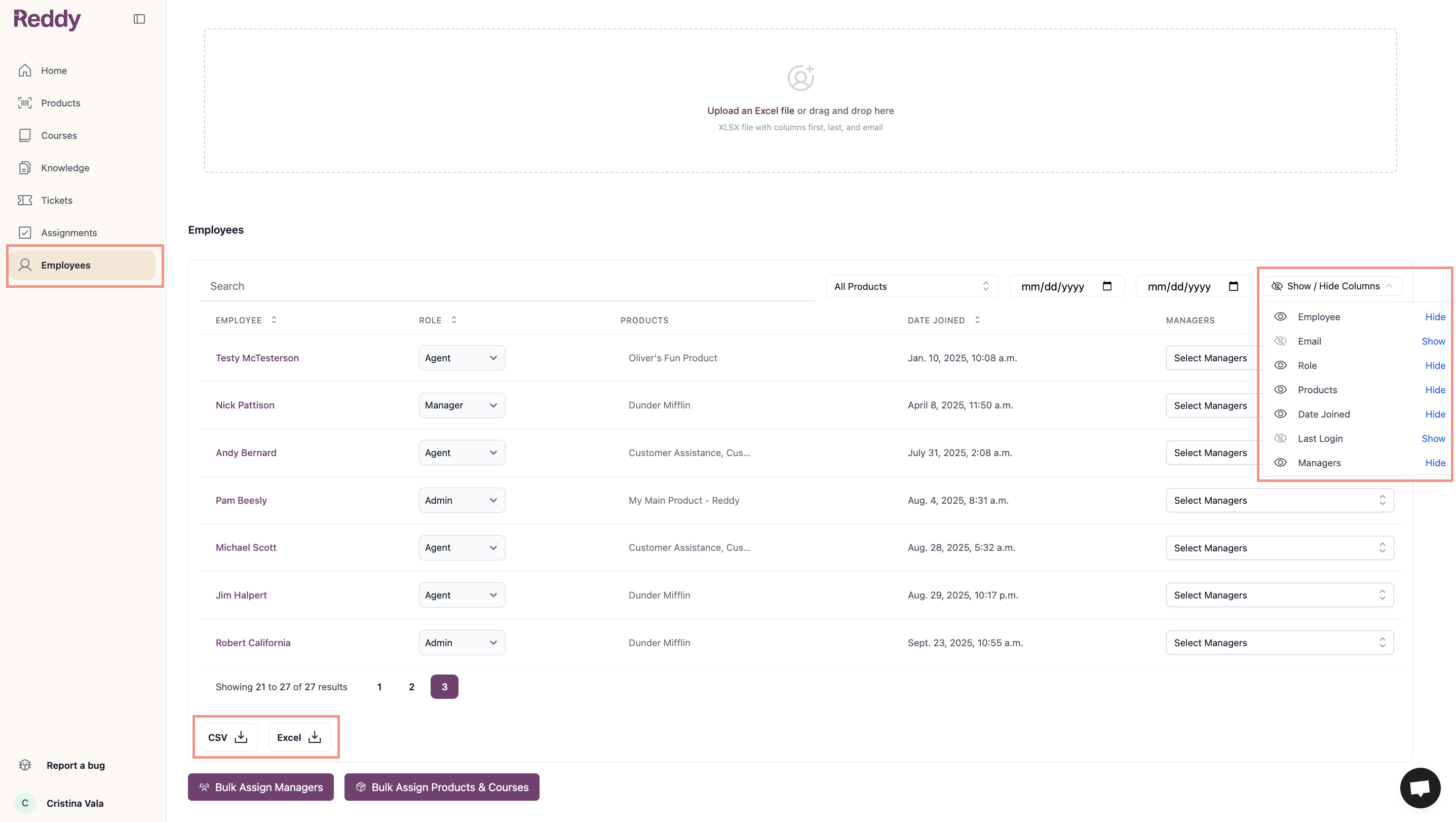 Export button in the employees table showing available columns for download