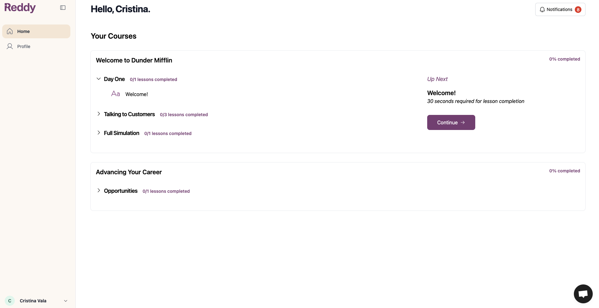 Reddy dashboard showing course progress and available lessons
