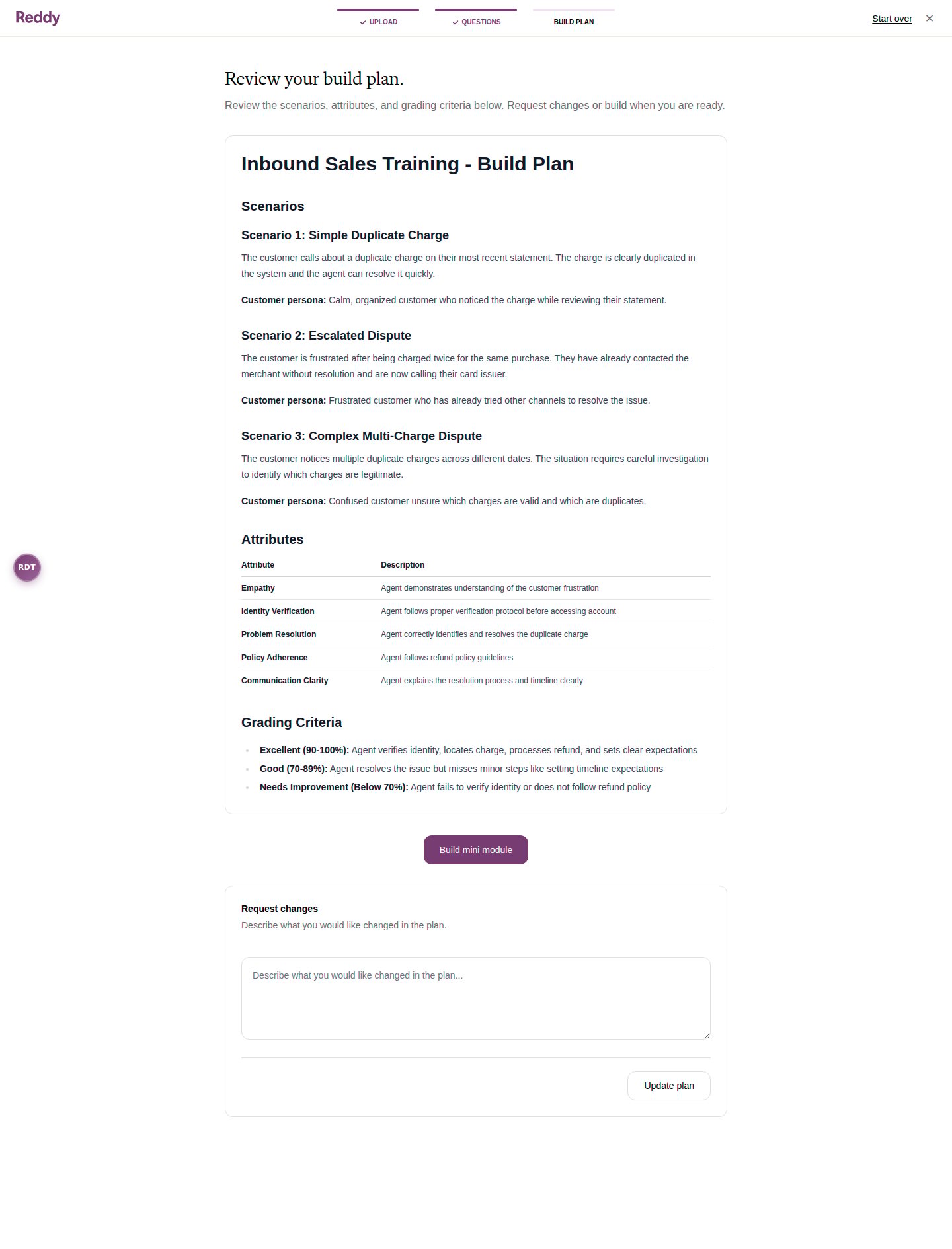 Build plan step showing rendered markdown with scenarios, attributes table, and grading criteria, with Build mini module and Request changes options