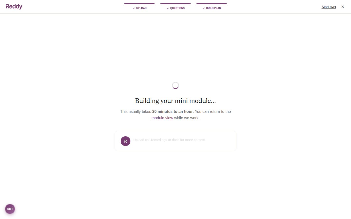 Building screen showing spinner and message that building takes 30 minutes to an hour