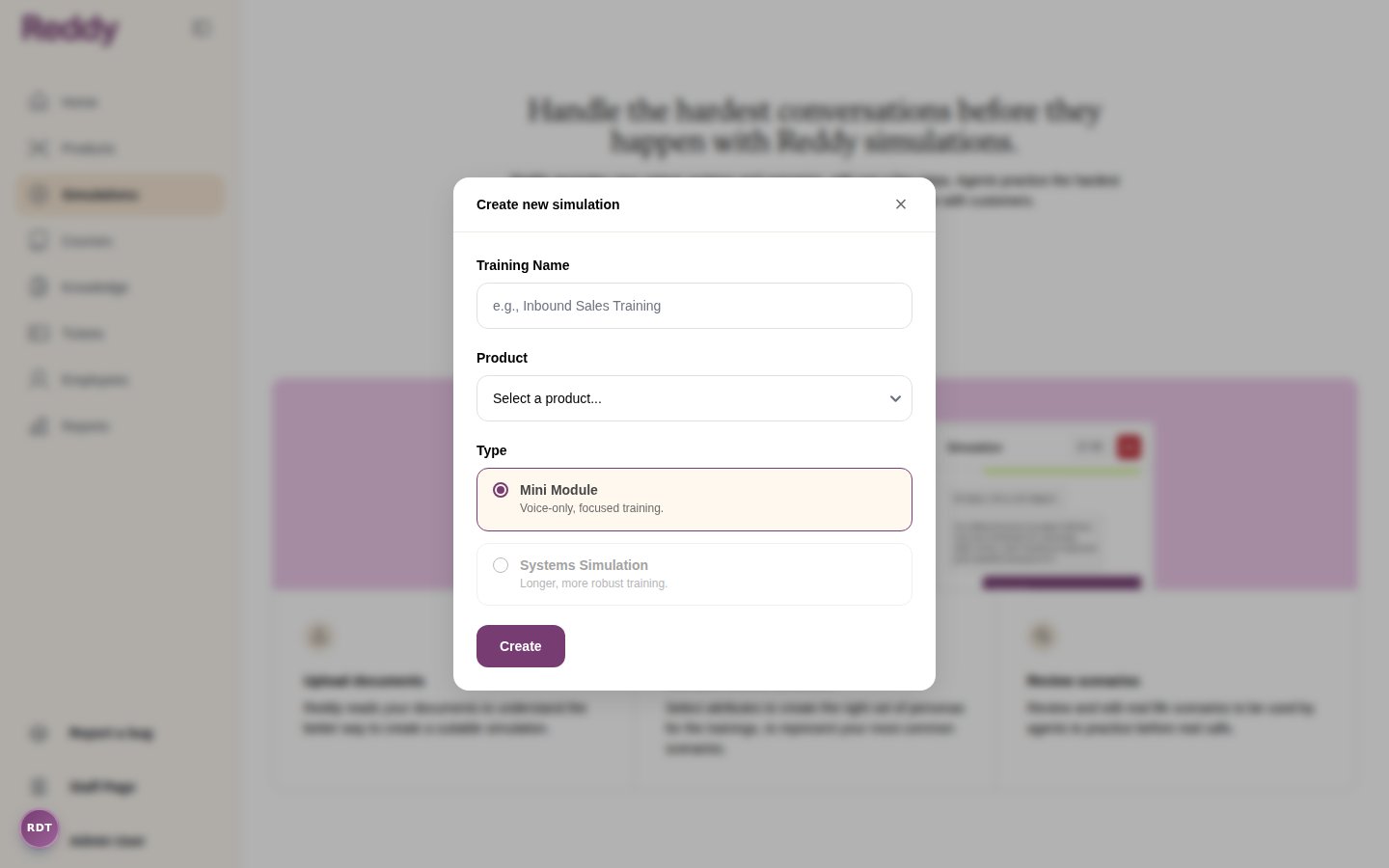 Create new simulation modal with training name, product selection, and Mini Module type selected