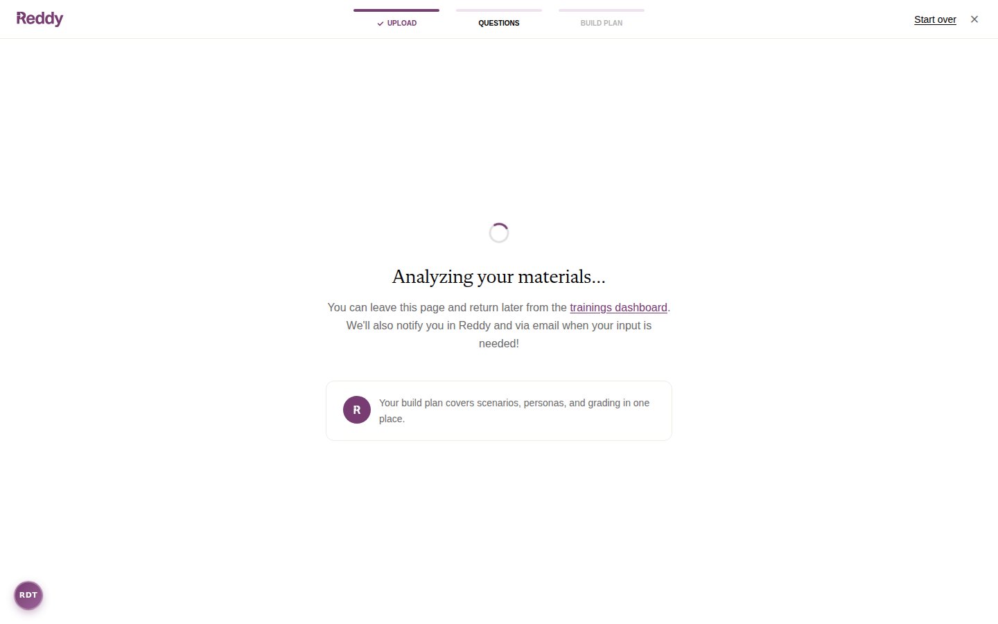 Processing screen showing Analyzing your materials with a spinner and notification message